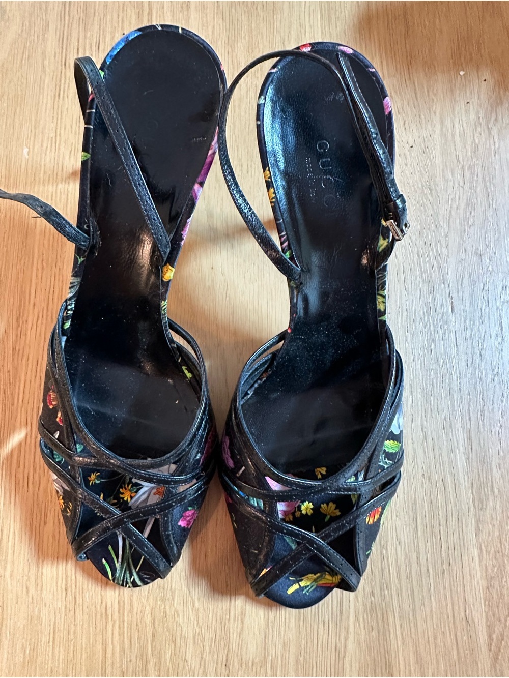 Gucci Black Floral Slingback Sandals 3.5 inch
